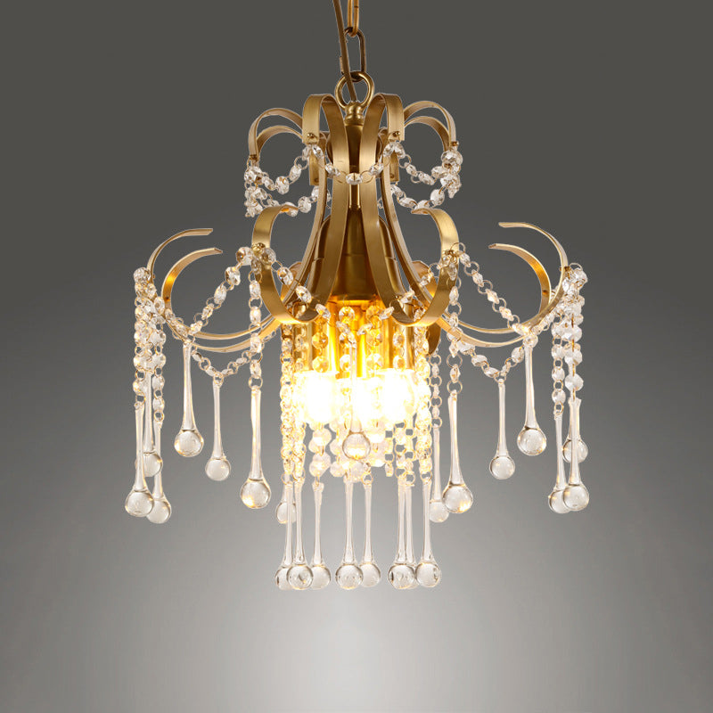 Gold Crystal Beads Chandelier with Curvy Arm Design - 3-Bulb Modern Ceiling Pendant Lamp for the Bedchamber