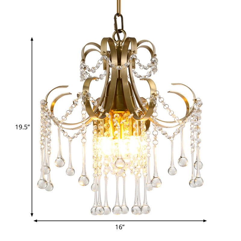 Modern Curvy Arm Crystal Beads Ceiling Pendant Chandelier Lamp In Gold - 3 Bulbs For Bedchamber