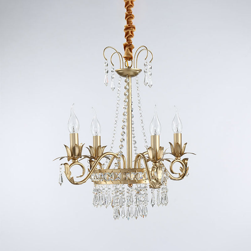 Crystal Prism 4-Light Gold Chandelier Pendant For Sleep-Friendly Candle-Lit Ambiance In Traditional