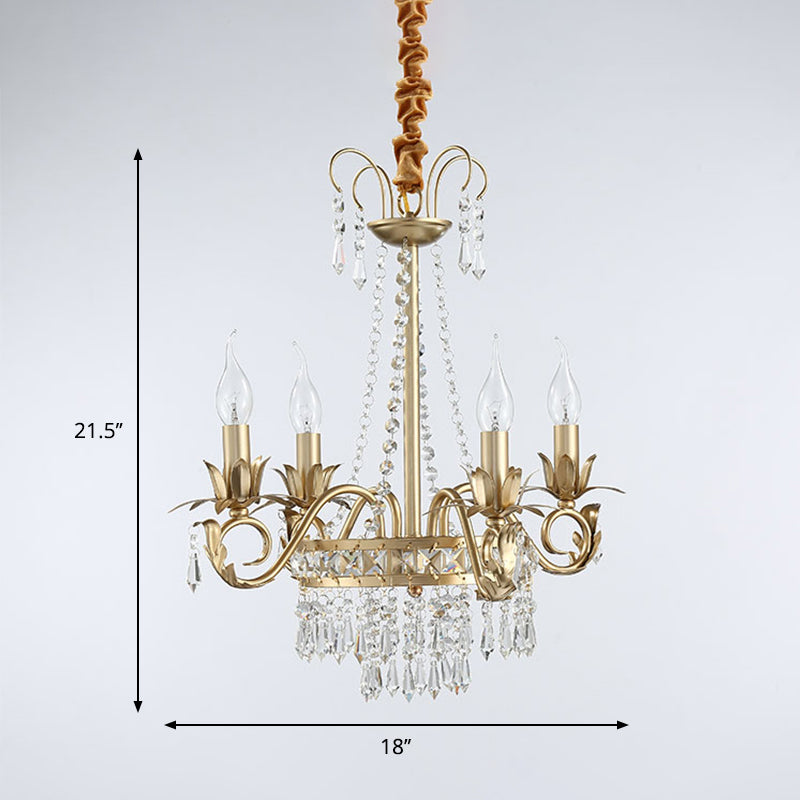 Crystal Prism 4-Light Gold Chandelier Pendant For Sleep-Friendly Candle-Lit Ambiance In Traditional