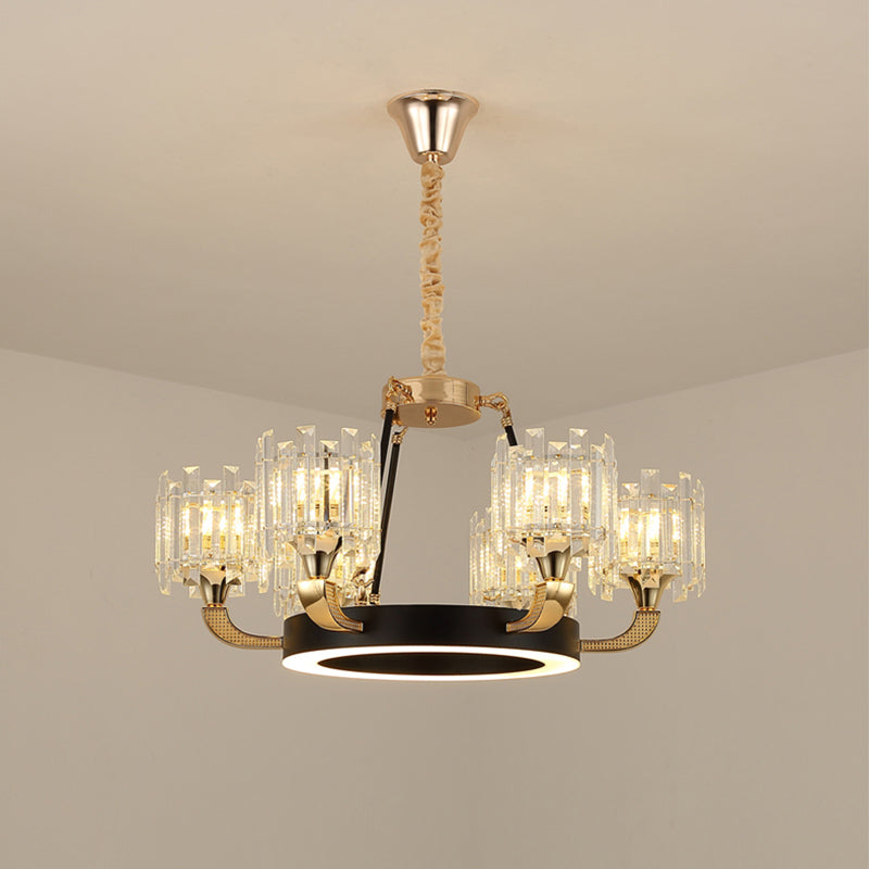 Black & Gold 6-Bulb Pendant Chandelier - Traditional Crystal Cylinder Shade Ceiling Light