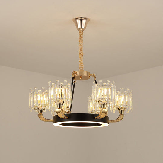 Black & Gold 6-Bulb Pendant Chandelier - Traditional Crystal Cylinder Shade Ceiling Light