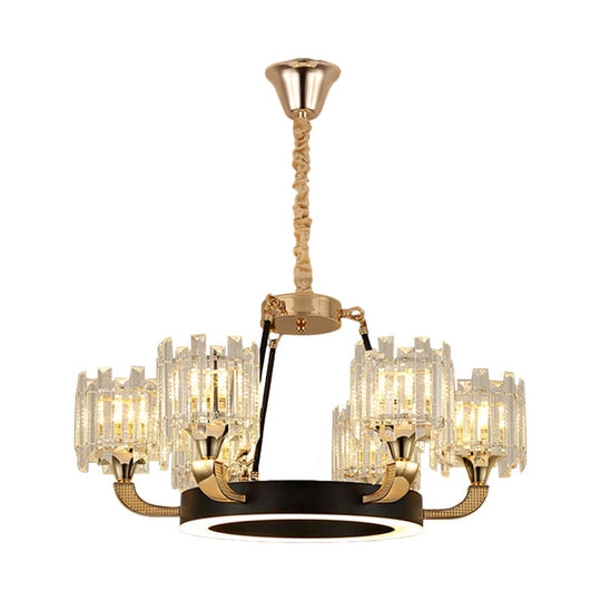 Black & Gold 6-Bulb Pendant Chandelier - Traditional Crystal Cylinder Shade Ceiling Light