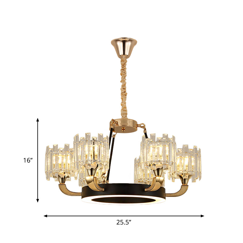 Black & Gold 6-Bulb Pendant Chandelier - Traditional Crystal Cylinder Shade Ceiling Light