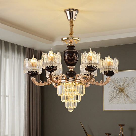 Black & Gold Crystal Drum Suspension Chandelier - 6 Heads Dinning Room Lighting