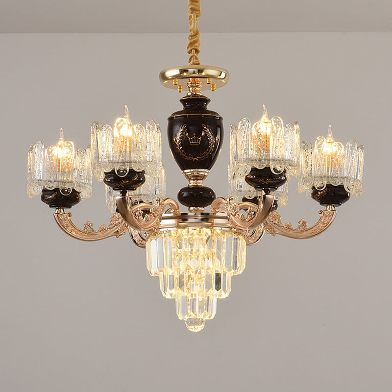 Black & Gold Crystal Drum Suspension Chandelier - 6 Heads Dinning Room Lighting