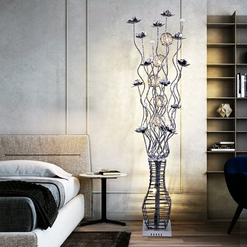 Aluminum Tree Branch Led Floor Lamp With Vase Pedestal - Stylish Bedside Light In Black And