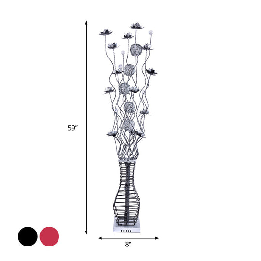 Aluminum Tree Branch Led Floor Lamp With Vase Pedestal - Stylish Bedside Light In Black And