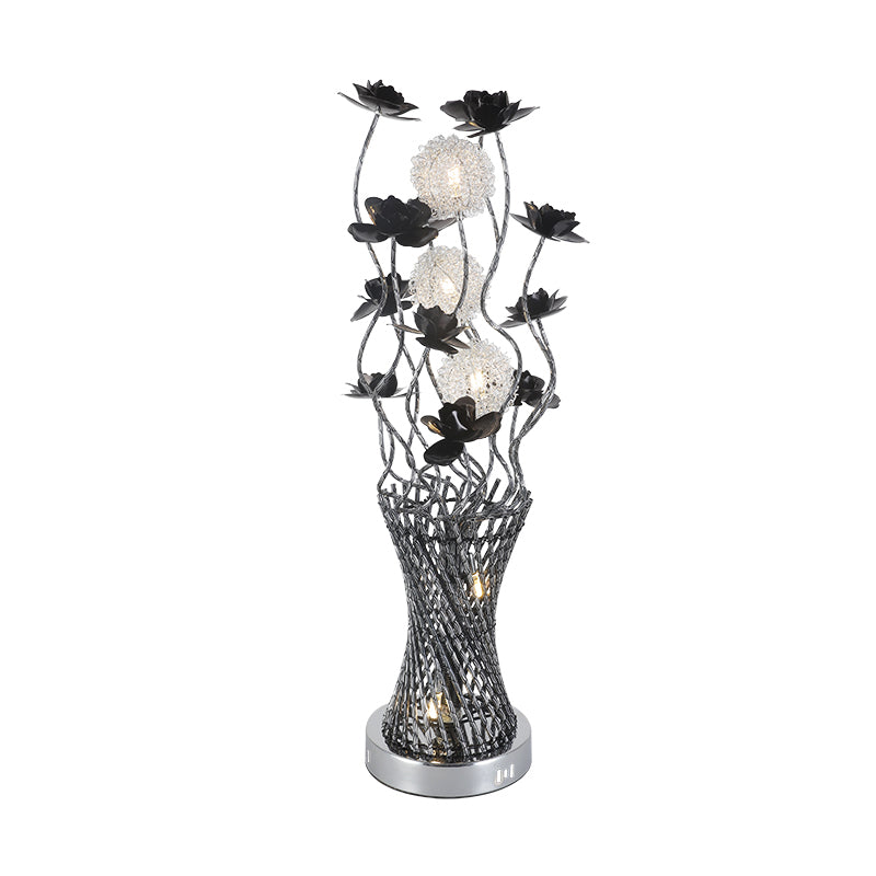 Martina - Cylinder LED Cylinder Vine Night Light Art Decor Black-Silver Metal Table Lighting with Blossom Detail for Bedside