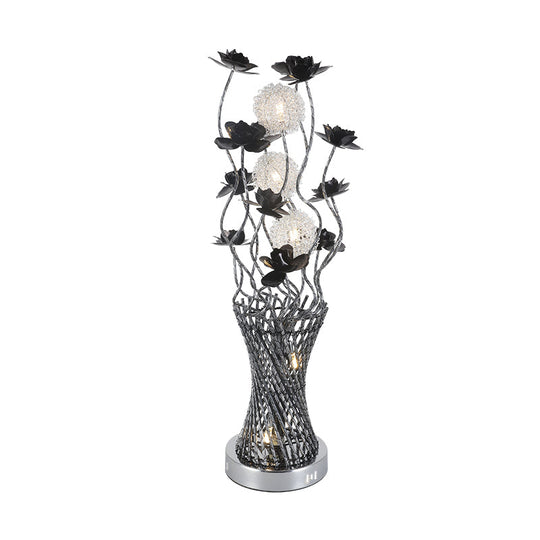 Led Cylinder Vine Night Light - Black-Silver Metal Table Lighting With Blossom Detail Bedside Decor