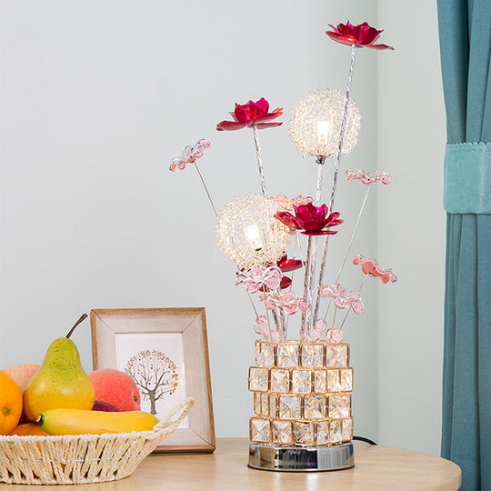 Artistic Aluminum Rubiks Cube Led Desk Lamp With Crystal Embedded Night Table Light Pink/Red Blossom