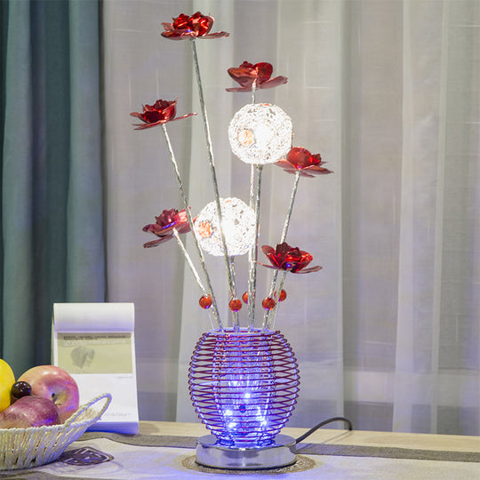 Spherical Led Rose Table Lamp: Pink/Red Aluminum Decorative Nightstand Light For Bedroom Red