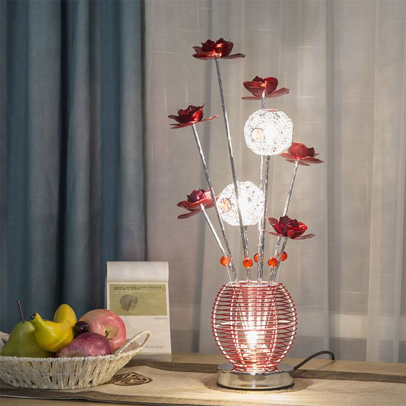 Spherical Led Rose Table Lamp: Pink/Red Aluminum Decorative Nightstand Light For Bedroom