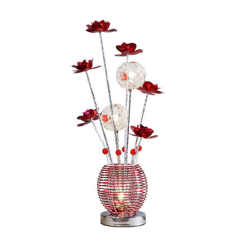 Spherical Led Rose Table Lamp: Pink/Red Aluminum Decorative Nightstand Light For Bedroom