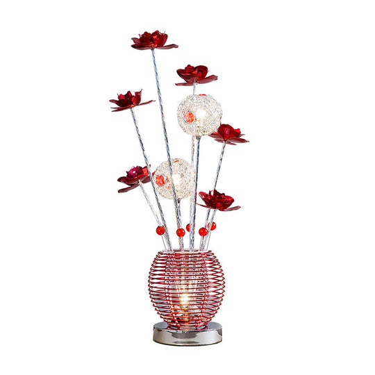 Spherical Led Rose Table Lamp: Pink/Red Aluminum Decorative Nightstand Light For Bedroom