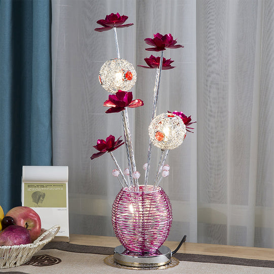 Spherical Led Rose Table Lamp: Pink/Red Aluminum Decorative Nightstand Light For Bedroom