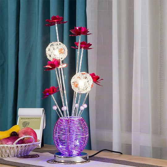 Spherical Led Rose Table Lamp: Pink/Red Aluminum Decorative Nightstand Light For Bedroom