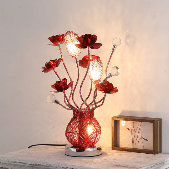 Red Led Flower Lamp With Entwining Metal Branch And Jar Base - Nightstand Décor Table Lighting