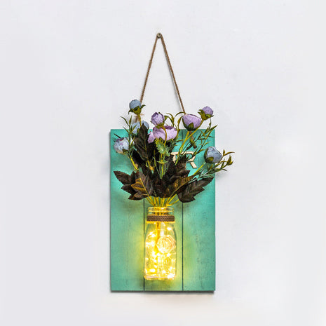 Modern Green Wooden Backplate Wall Lamp With Clear Glass Jar And Plant Decor String Light / Rose