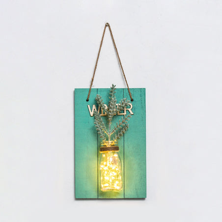 Modern Green Wooden Backplate Wall Lamp With Clear Glass Jar And Plant Decor String Light /