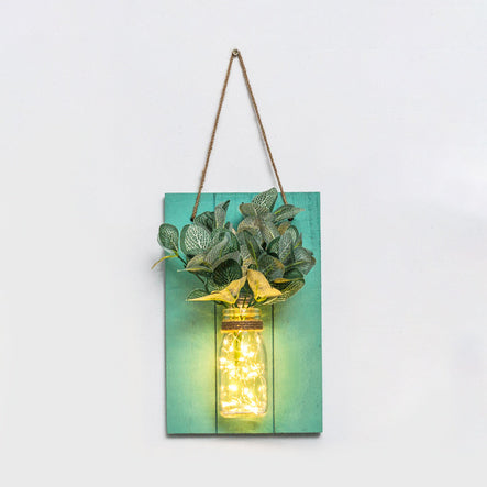 Modern Green Wooden Backplate Wall Lamp With Clear Glass Jar And Plant Decor String Light / Fittonia