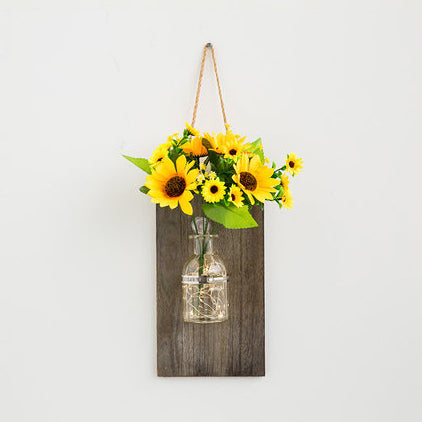 Modern Glass Jar Wall Sconce With Daisy/Rose Accents And Wood Backplate Yellow