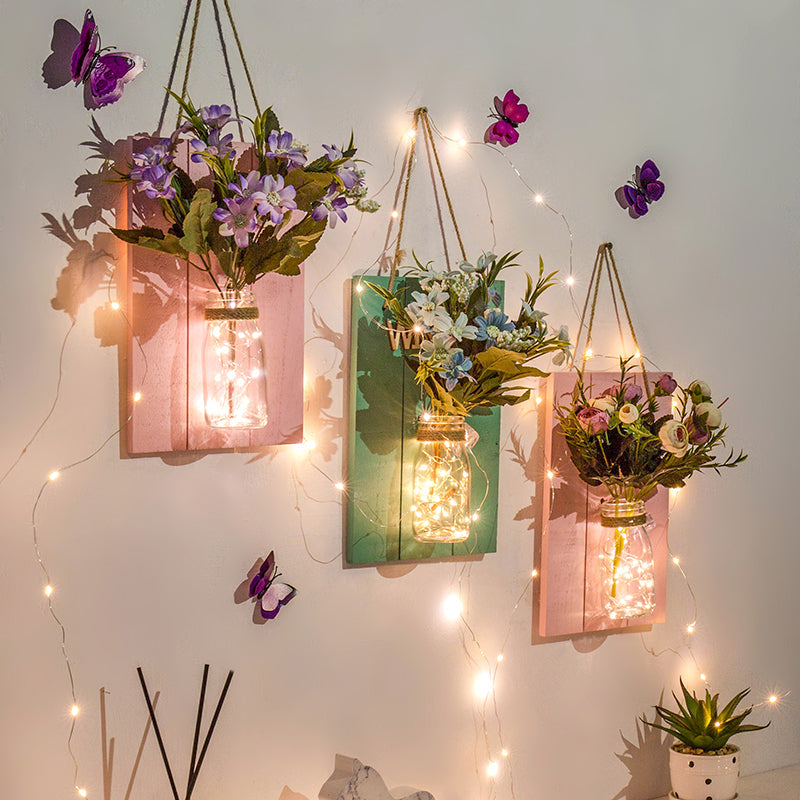 Cafe Rustic Floral Wall String Lights With Clear Glass Shades And Pink Backplate For Twinkling