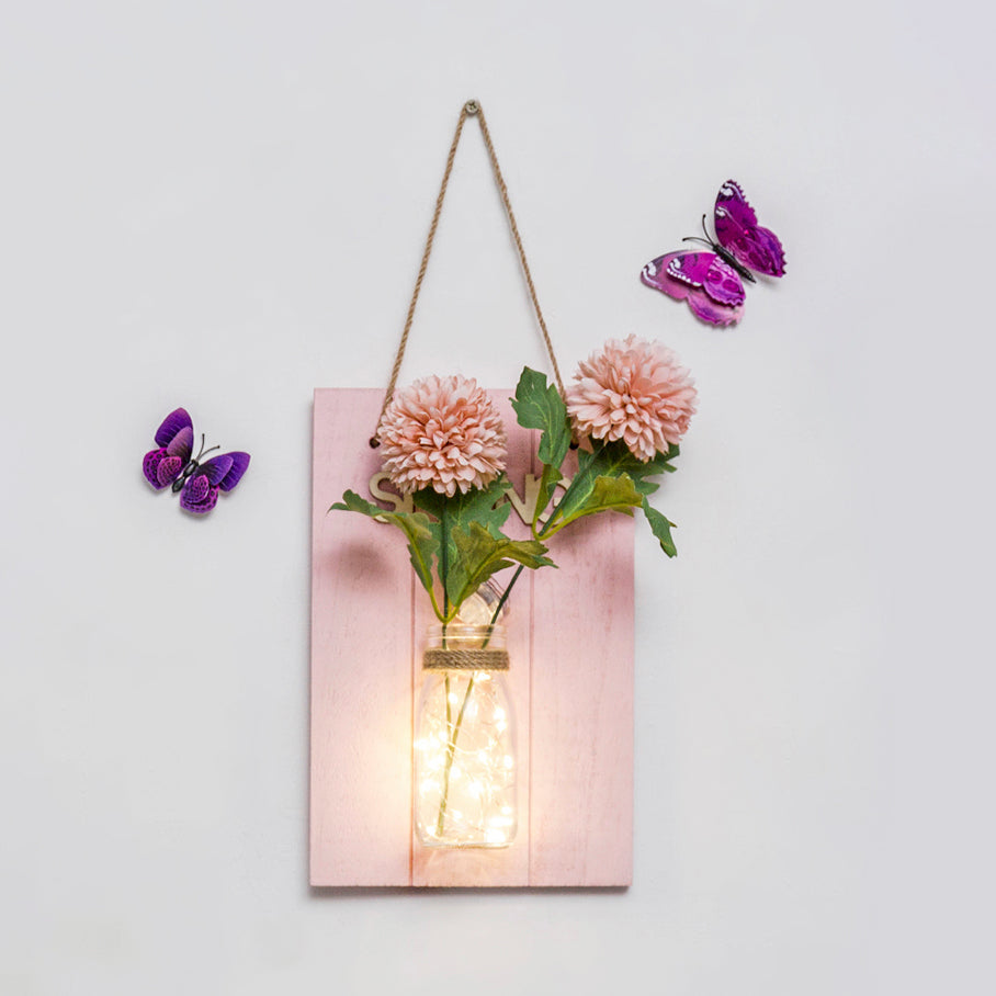 Cafe Rustic Floral Wall String Lights With Clear Glass Shades And Pink Backplate For Twinkling