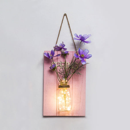 Cafe Rustic Floral Wall String Lights With Clear Glass Shades And Pink Backplate For Twinkling