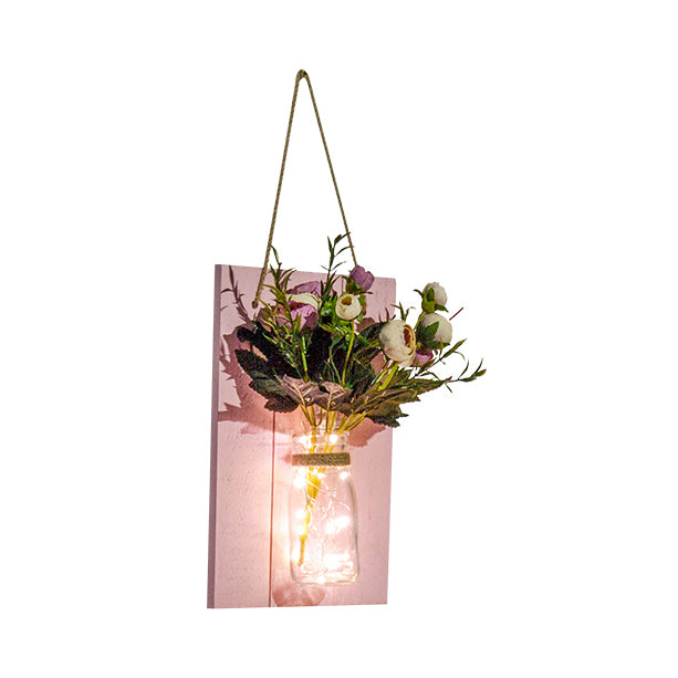 Cafe Rustic Floral Wall String Lights With Clear Glass Shades And Pink Backplate For Twinkling