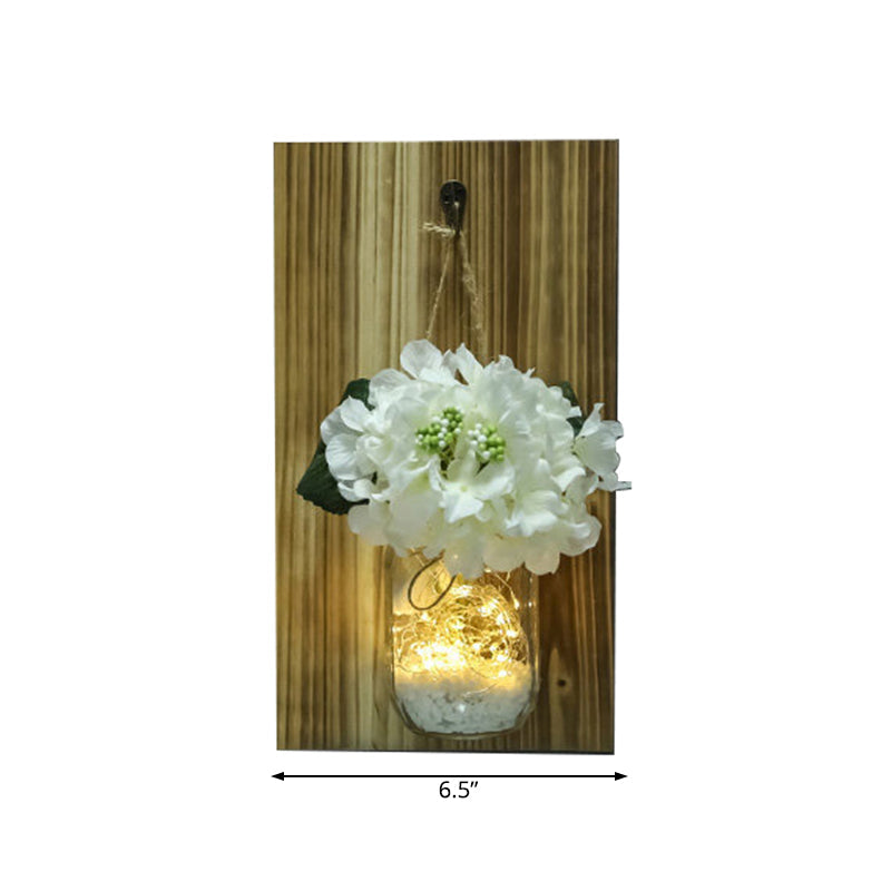 Nordic Glass Jar Flower Wall String Light With Wood Backplate White Twinkle