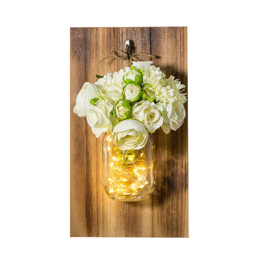 White Rose String Light Glass Jar Wall Lamp With Wood Backplate - Contemporary Design