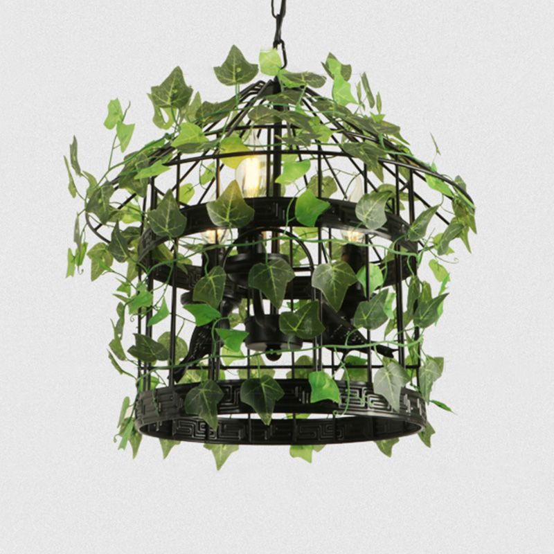 Industrial Green Iron Ceiling Chandelier with 3-Lights, Fake Plant and Cage - Restaurant Pendant Lamp