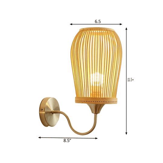 Modern Bamboo Hand-Woven Wall Sconce With Metal Gooseneck Arm - Beige 1-Light Mount Lamp