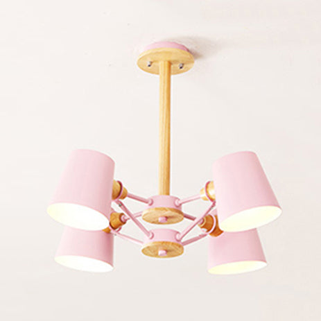 Kids Wood Chandelier: Macaron Style Hanging Fixture For Bedroom With Rod And Tapered Shade 4 / Pink