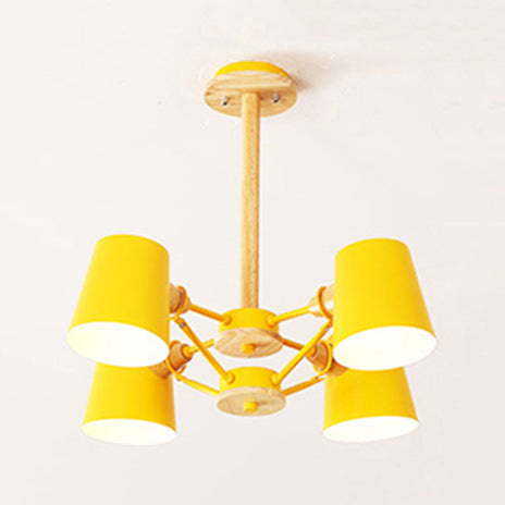 Kids Wood Chandelier: Macaron Style Hanging Fixture For Bedroom With Rod And Tapered Shade