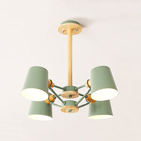 Kids Wood Chandelier: Macaron Style Hanging Fixture For Bedroom With Rod And Tapered Shade