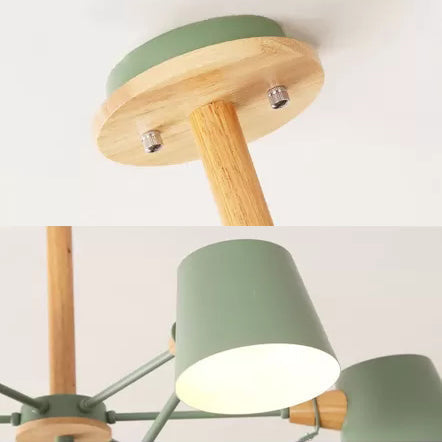 Kids Wood Chandelier: Macaron Style Hanging Fixture For Bedroom With Rod And Tapered Shade