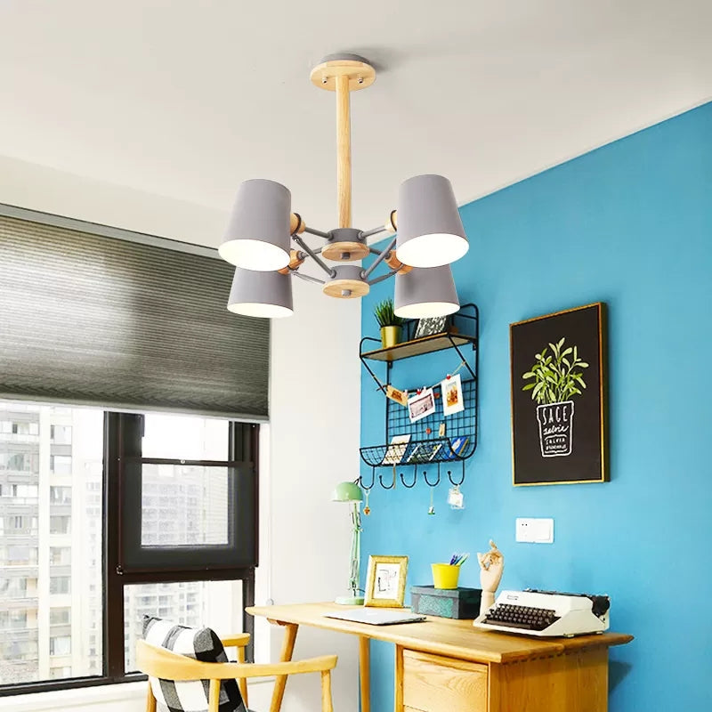 Kids Wood Chandelier: Macaron Style Hanging Fixture For Bedroom With Rod And Tapered Shade