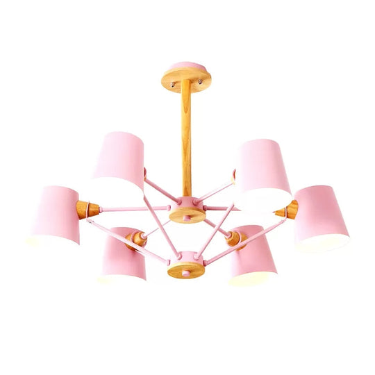 Kids Wood Chandelier: Macaron Style Hanging Fixture For Bedroom With Rod And Tapered Shade