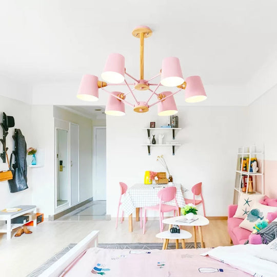 Kids Wood Chandelier: Macaron Style Hanging Fixture For Bedroom With Rod And Tapered Shade