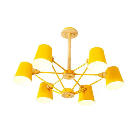 Kids Wood Chandelier: Macaron Style Hanging Fixture For Bedroom With Rod And Tapered Shade