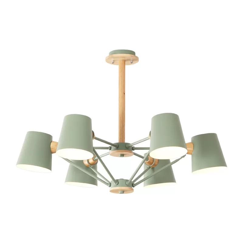 Kids Wood Chandelier: Macaron Style Hanging Fixture For Bedroom With Rod And Tapered Shade 6 / Green