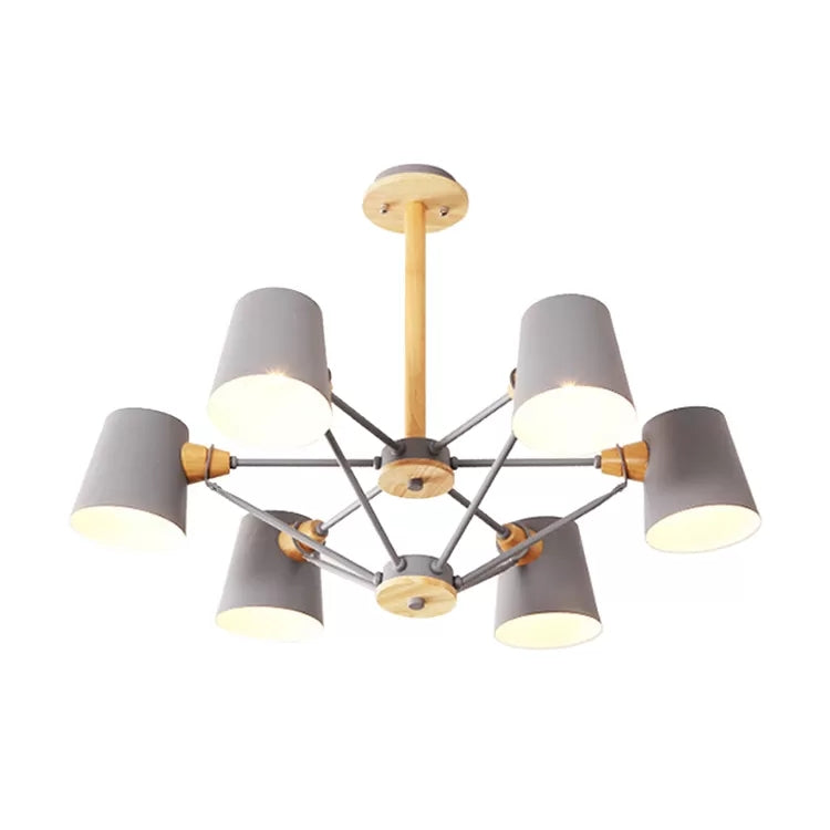 Kids Wood Chandelier: Macaron Style Hanging Fixture For Bedroom With Rod And Tapered Shade