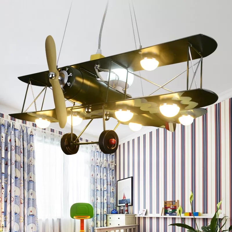 Modern 8-Light Biplane Chandelier For Boys Room - Large Hanging Light Fixture With Milk Glass Shade