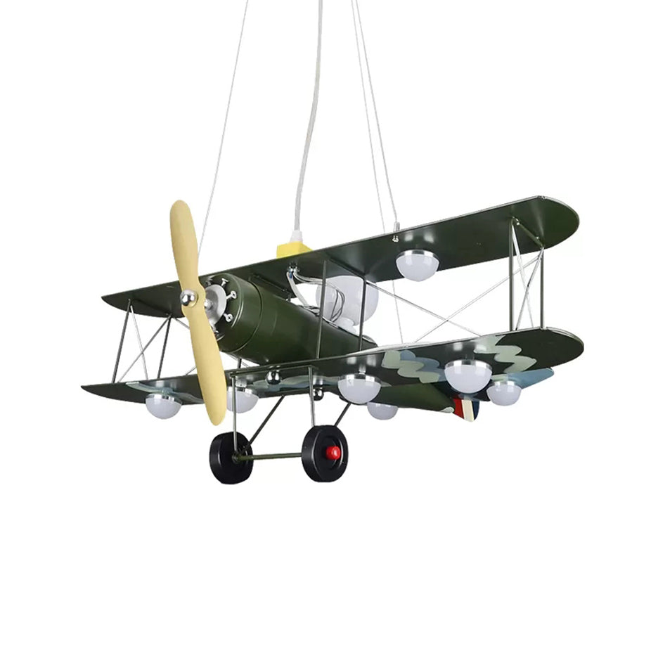 Modern 8-Light Biplane Chandelier For Boys Room - Large Hanging Light Fixture With Milk Glass Shade