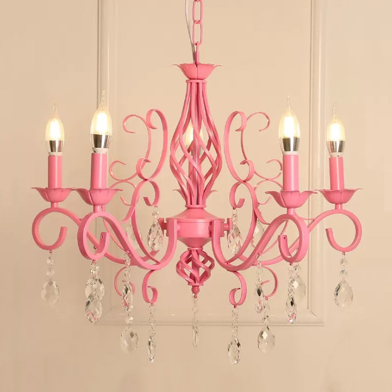 Girls Pink Bedroom Chandelier Ceiling Light With Candle And Crystal Accents - Modern Style