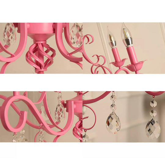 Girls Pink Bedroom Chandelier Ceiling Light With Candle And Crystal Accents - Modern Style