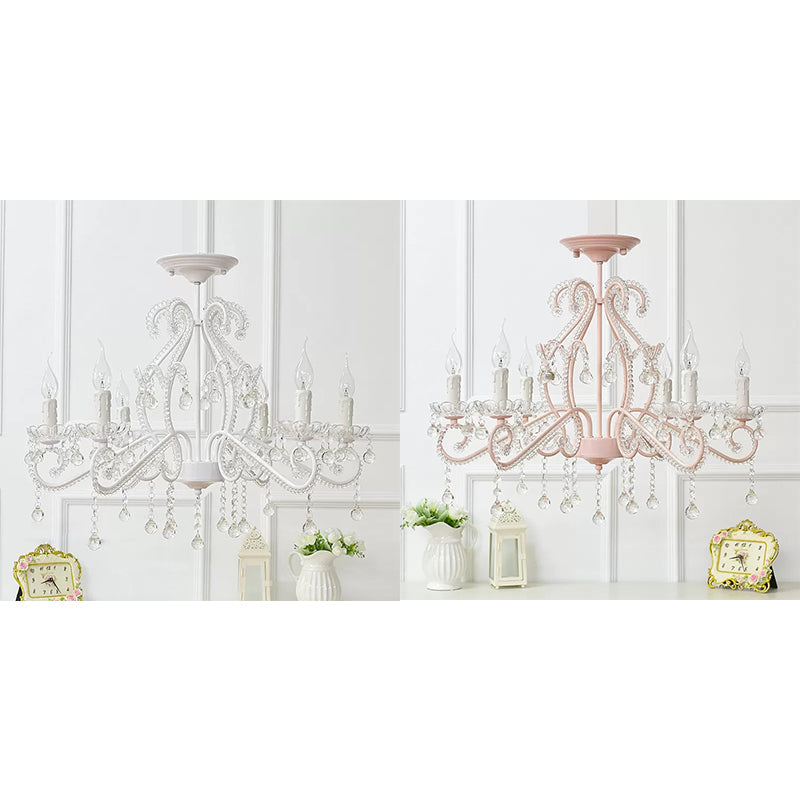 Macaron Kids Bedroom Chandelier- 6-Light Ceiling Fixture with Candle and Clear Crystal Decoration