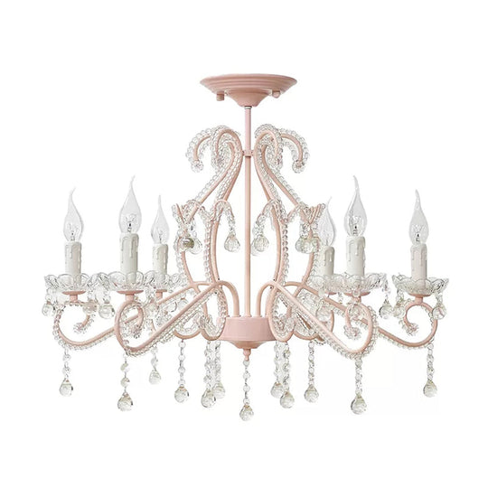 Macaron Kids Bedroom Chandelier- 6-Light Ceiling Fixture with Candle and Clear Crystal Decoration